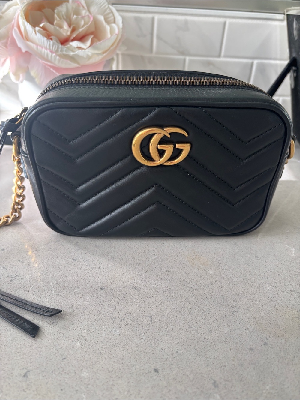 Gucci Black Chevron GG Quilted Camera Crossbody Bag with Gold Hardware